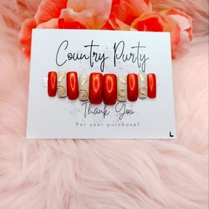 Custom press on nails long size large copper and beige with gold feathers and mo